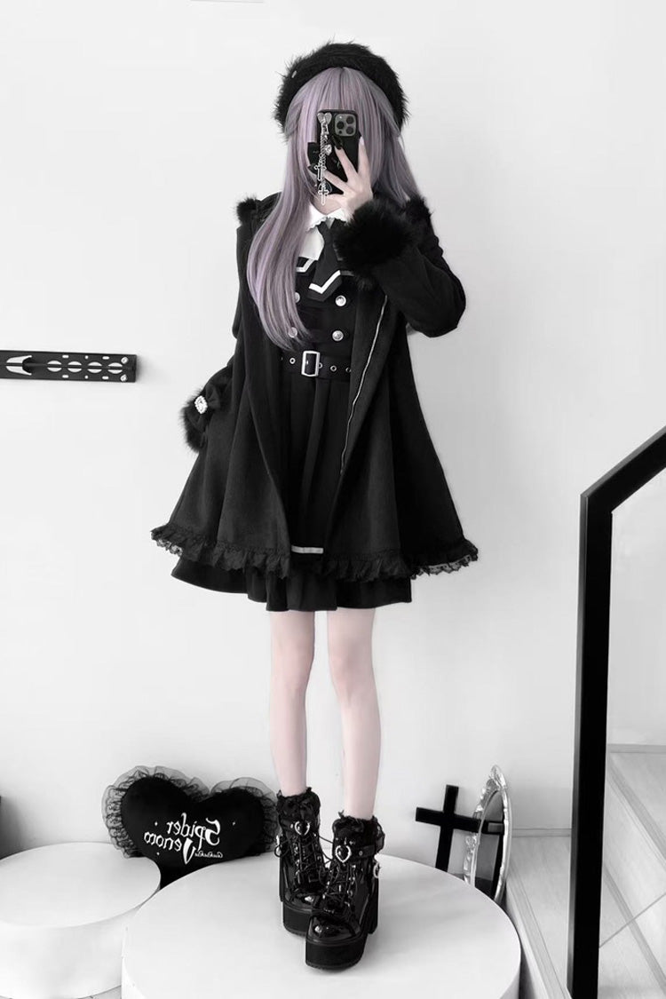 Black Long Sleeves Bowknot Rabbit Ears Detachable Hooded Japanese Jirai Kei Coat - Product - 6