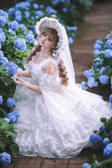 White [Dreamy Waltz] Sleeveless Multi-Layered Ruffled Hanayome Bow Lace Gothic Gorgeous Lolita Jsk Dress - Product - 2