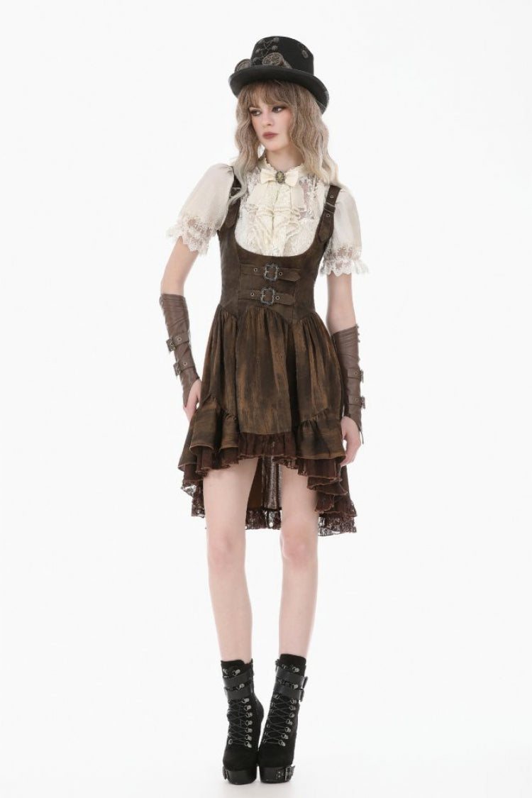 Beige Stand Collar Short Puff Sleeves Lace Sheer Lace-Up Women's Gothic Blouse with Detachable Bowknot - Product - 8