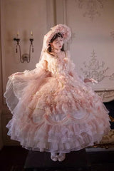 Pink [The Runaway Princess] Sleeveless Multi-Layered Printed Hanayome Bow Lace Pearl-Decorated Sweet Plus Size Gorgeous Lolita Jsk Dress - Product - 3