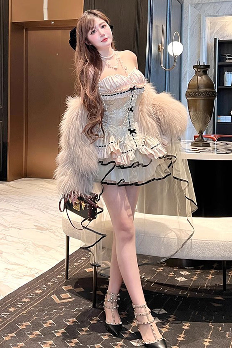 Golden Rose Ruffle Embroidery Lace Sweet Gorgeous Lolita Skirt Set - Gold - 1