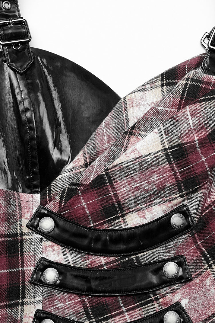 Black/Red Leather Shoulder Strap Plaid Print Ruffle Stitching Irregular Women's Steampunk Dress - Product - 5