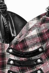 Black/Red Leather Shoulder Strap Plaid Print Ruffle Stitching Irregular Women's Steampunk Dress - Product - 5