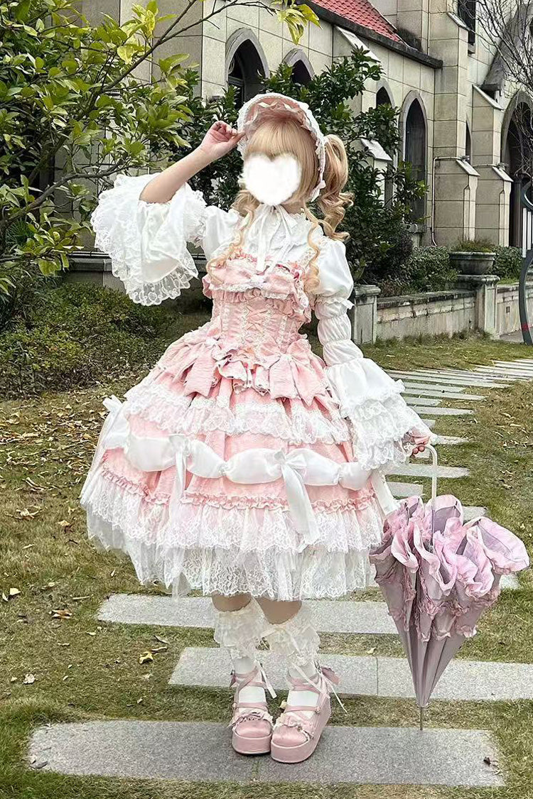 Pink Sleeveless Multi-Layered Ruffle Bowknot Lace Sweet Plus Size Lolita Jsk Dress - Product - 3