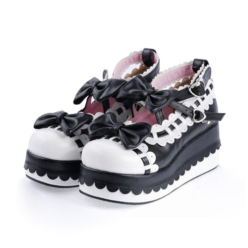 Black & White Romantic PU Round Toe Ankle Straps Bow Decoration Platform Lolita Shoes - White/Black - 1