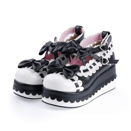 Black & White Romantic PU Round Toe Ankle Straps Bow Decoration Platform Lolita Shoes - White/Black - 1