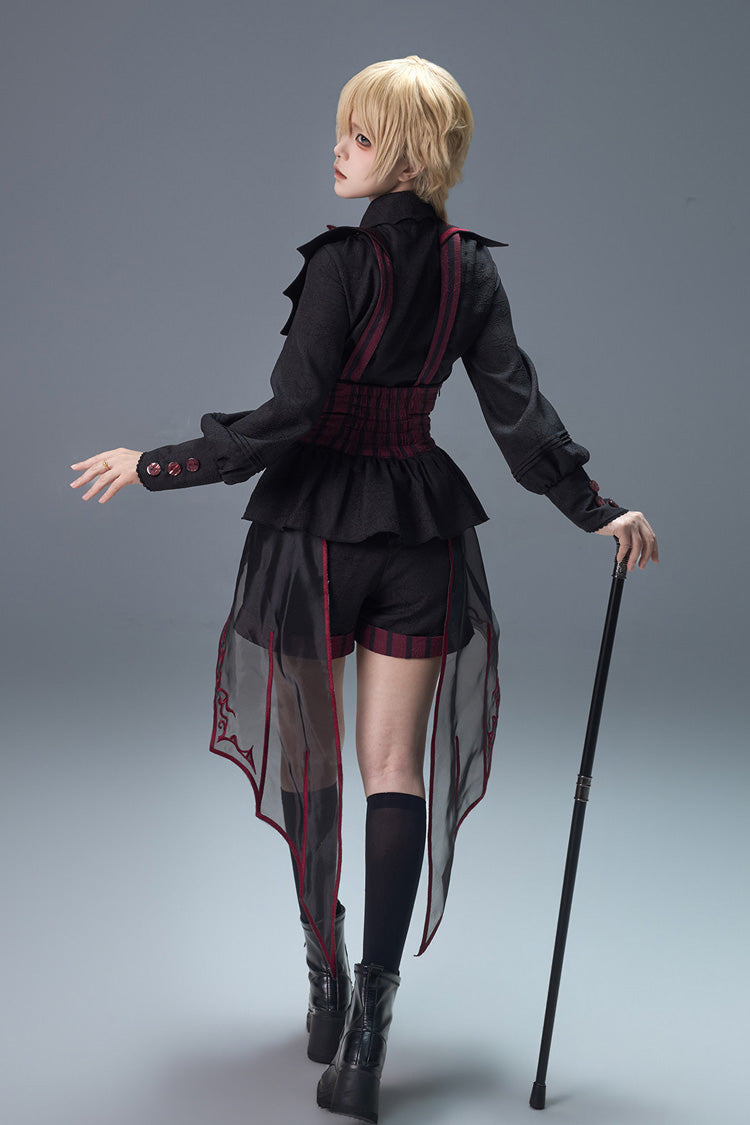 Black/Red [Demon Ritual] Stand Collar Long Lantern Sleeves Jacquard Embroidered Bow Gothic Prince Ouji Lolita Shorts Set - Product - 3
