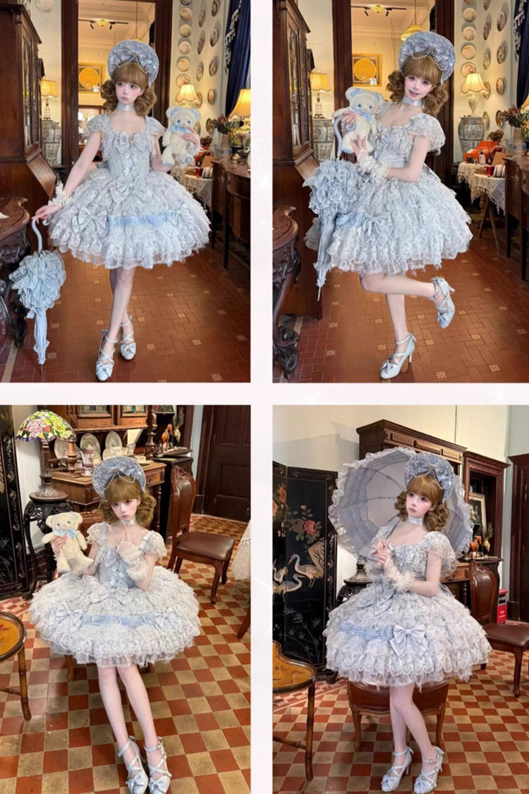 Blue [Cloudborne Snowfeather] Sleeveless Multi-Layered Hanayome Bowknot Pearl Gothic Lolita Jsk Dress - Product - 6