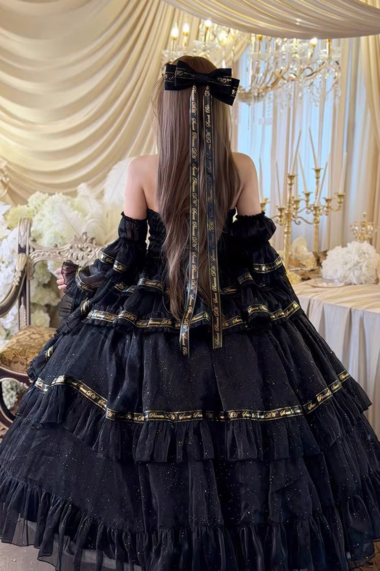 Black [Obsidian Banquet] Double-Layered Ruffled Hanayome Bow Lace Sweet Gothic Princess Lolita Jsk Dress - Product - 4