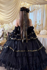 Black [Obsidian Banquet] Double-Layered Ruffled Hanayome Bow Lace Sweet Gothic Princess Lolita Jsk Dress - Product - 4