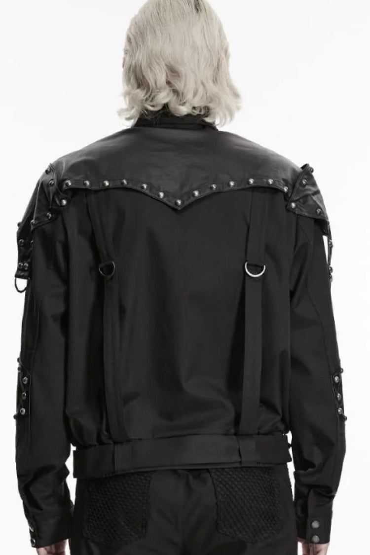 Black Stand Collar Long Sleeves Spliced Asymmetric Studded Buckled Zippered Men's Punk Cool Jacket - Product - 3