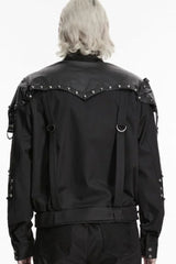 Black Stand Collar Long Sleeves Spliced Asymmetric Studded Buckled Zippered Men's Punk Cool Jacket - Product - 3