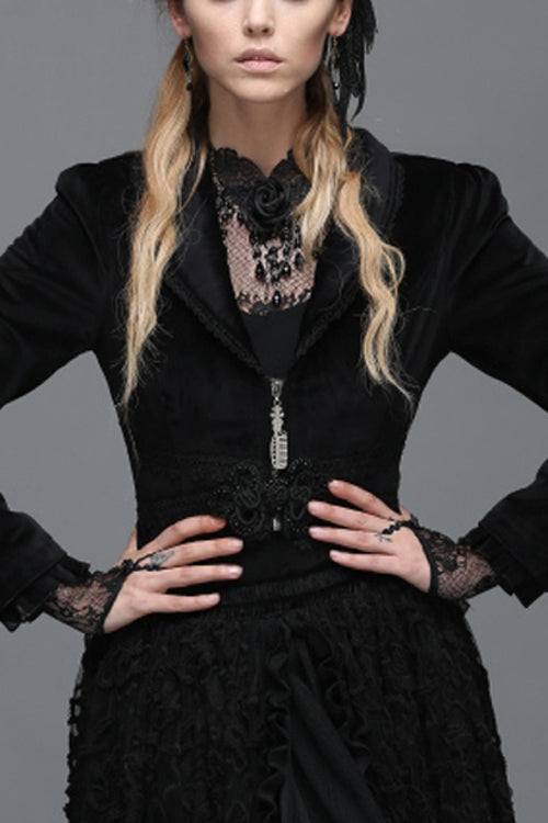 Black Lace Waist Woollen Womens Velvet Short Gothic Jacket With Tail - Black - 1