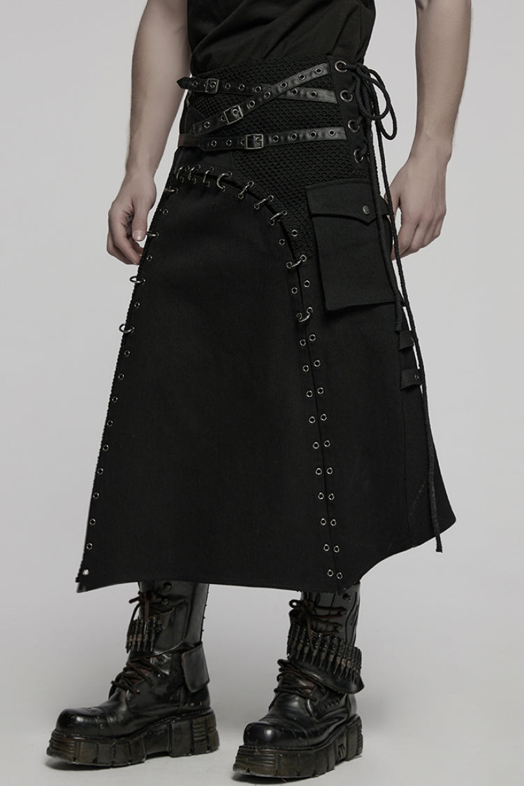 Black Faux Leather Stitching Lace-Up Irregular Mesh Men's Gothic Kilt - Product - 2