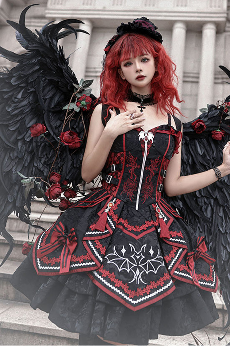 Black/Red Bat Print Ruffle Cardigan Gothic Lolita Jsk Dress - Black/Red - 1