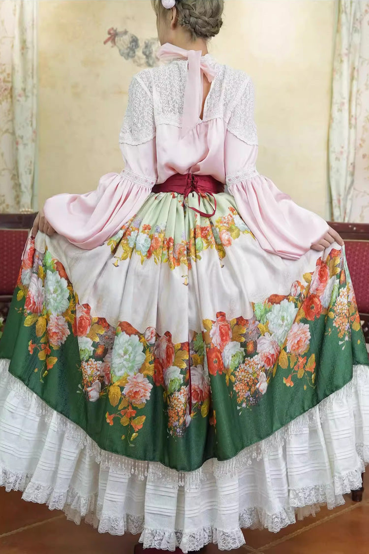 Green [Rainy Season Garden] Print Ruffle Sweet Classic Lolita Skirt - Product - 5