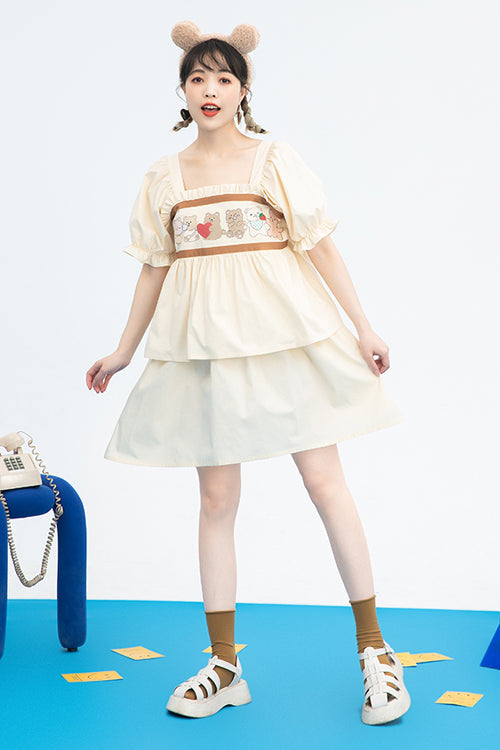 Beige Vintage Square Collar Ruffled Short Sleeves Cartoon Bear Print High Waisted Sweet Lolita Dress - Product - 3