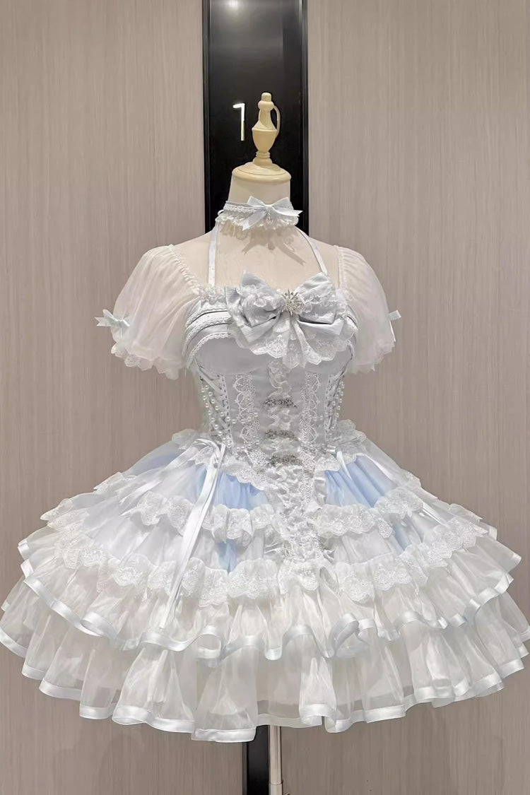 White/Blue [Ice Dance] Short Sleeves Multi-Layered Ruffle Embroidery Bowknot Lace Sweet Lolita Dress - White/Blue - 1