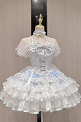 White/Blue [Ice Dance] Short Sleeves Multi-Layered Ruffle Embroidery Bowknot Lace Sweet Lolita Dress - White/Blue - 1
