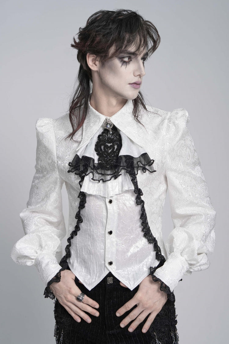 White Printed Diamante Beaded Embroidered Patchwork Lace Men's Gothic Luxurious Royal Neckwear - Product - 6