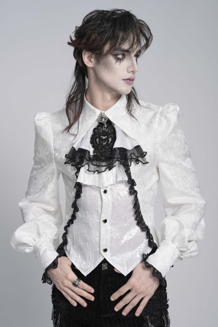 White Printed Diamante Beaded Embroidered Patchwork Lace Men's Gothic Luxurious Royal Neckwear - Product - 6