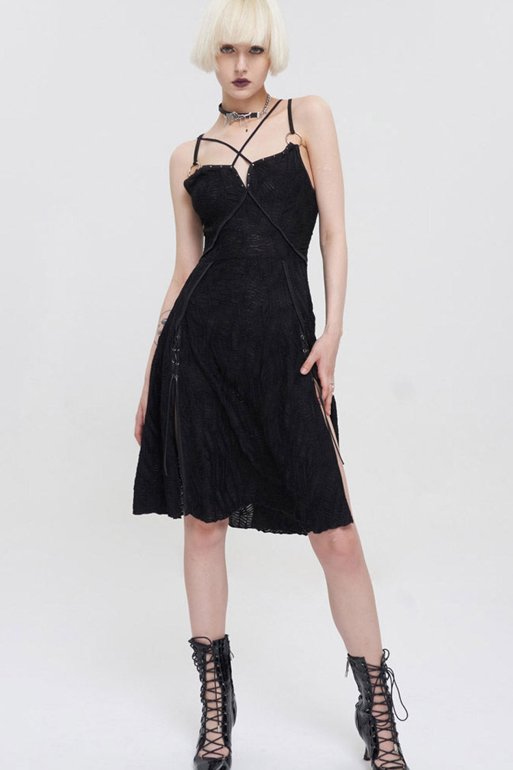 Black Punk Suspenders Slit Hem Wave Stretch Fabrics Women's Dress - Product - 5