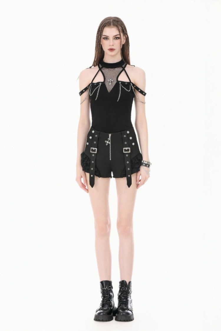 Black High Waisted Ruffled Lace Patchwork Buckled Straps Cross Zippered Women's Punk Shorts - Product - 7