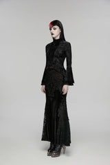 Black Stand Collar Long Trumpet Sleeves Jacquard Printed Lace Lace-Up Slim Pearl-Decorated Women's Gothic Palace Blouse - Product - 4