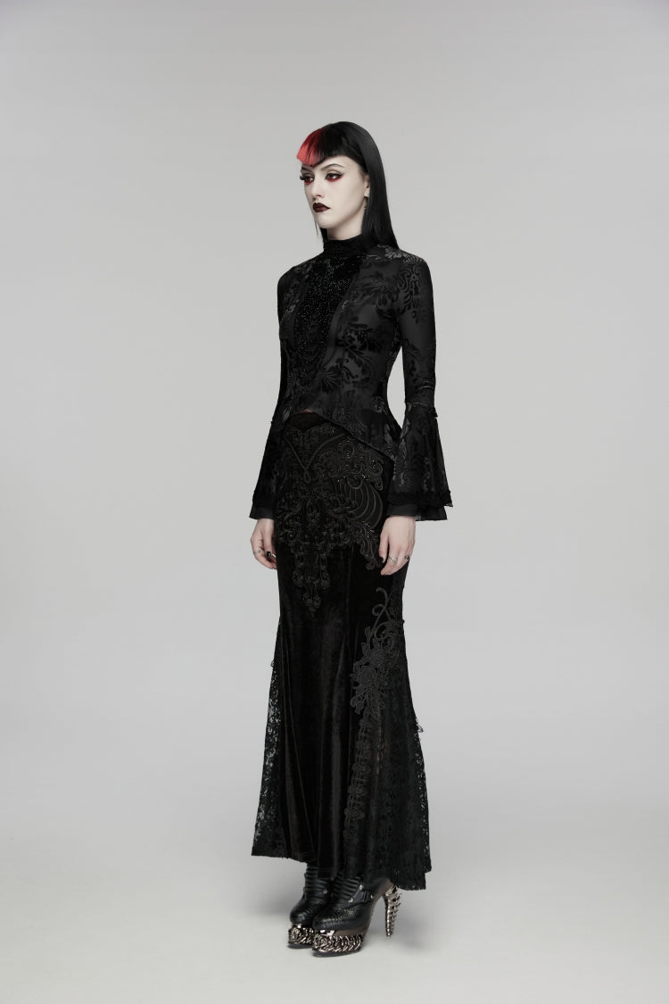 Black Stand Collar Long Trumpet Sleeves Jacquard Printed Lace Lace-Up Slim Pearl-Decorated Women's Gothic Palace Blouse - Product - 4