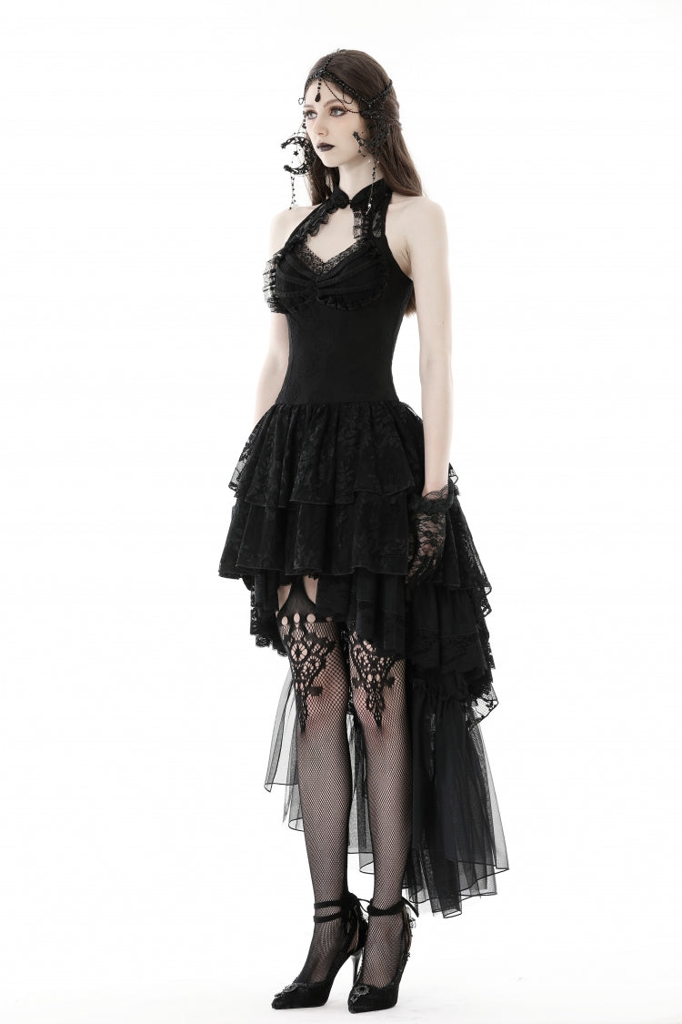 Black Off Shoulder Halterneck Sleeveless Irregular High Low Multi-Layered Lace Women's Gothic Dress - Product - 7