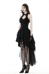 Black Off Shoulder Halterneck Sleeveless Irregular High Low Multi-Layered Lace Women's Gothic Dress - Product - 7