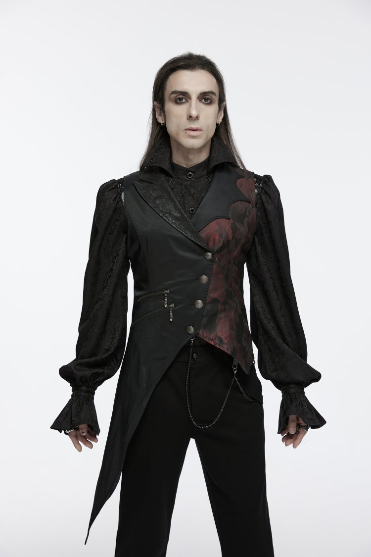 Black V Collar Sleeveless Embroidery Lace Asymmetric Men's Gothic Vest - Black - 1