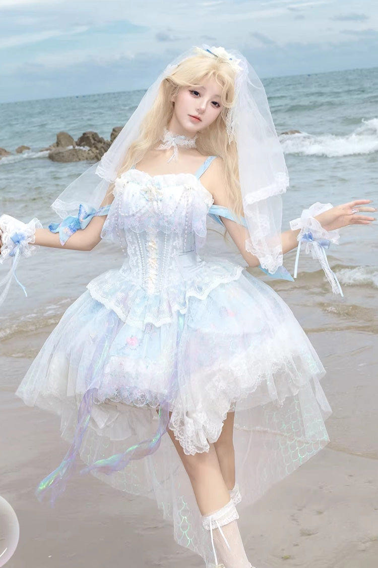 Sea Blue [Mermaid’s Tears] Sleeveless Ombre Printed Hanayome Pearl-Decorated Sweet Lolita Jsk Dress Set - Sea-Blue - 1
