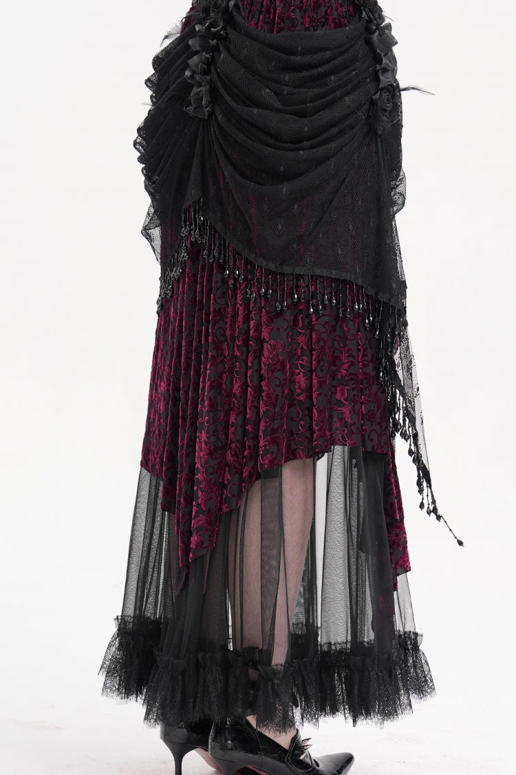 Black/Purple Tassels Mesh Women's Gothic Long Skirt - Product - 11