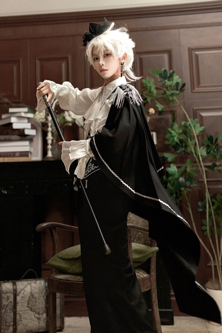 Black/White Embroidery Asymmetric Gothic Prince Handsome Ouji Lolita Set - Product - 12