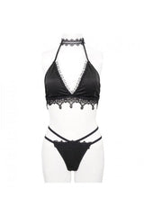 Black Gothic Lace Collar Lace Up Bikini Swimsuit - Product - 11