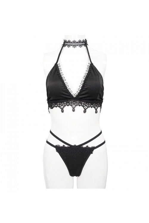 Black Gothic Lace Collar Lace Up Bikini Swimsuit - Product - 11