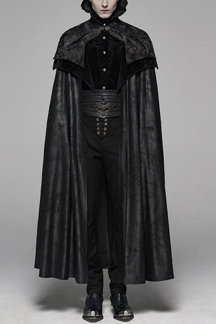 Black Jacquard Stand Collar Stitching Metal Retro Buckle Mens Gothic Cloak - Black - 1