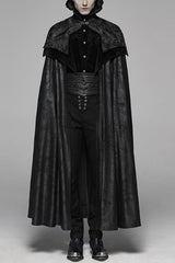 Black Jacquard Stand Collar Stitching Metal Retro Buckle Mens Gothic Cloak - Black - 1