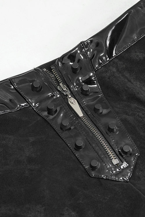 Black Fringe Patent Leather Spliced Punk Leggings Womens Pants - Product - 5