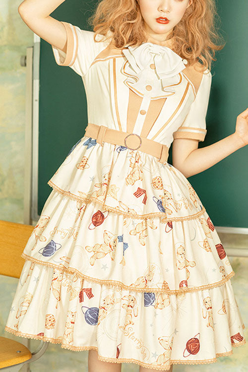 Multi-Color Bunny Astronaut Print Short Sleeves 3 layers Sweet Lolita OP Dress - Multi-Color - 1