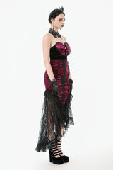 Black/Red Embroidered Velvet Spliced Lace Lace-Up Women's Gothic High/Low Maxi Skirt - Product - 12