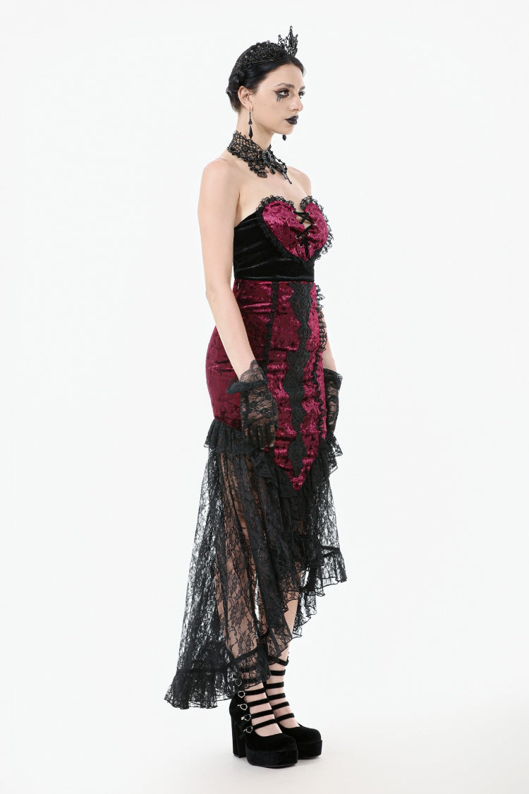 Black/Red Embroidered Velvet Spliced Lace Lace-Up Women's Gothic High/Low Maxi Skirt - Product - 12