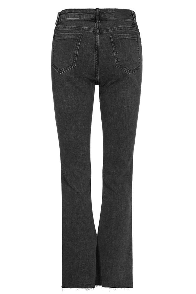 Black Tight Elastic Distressed Denim Asymmetrical Placket Medium Waist Women's Punk Flared Pants - Product - 6