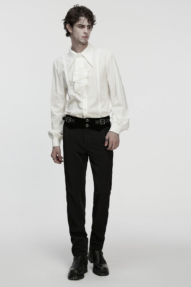 White Lapel Collar Long Puff Sleeves Men's Gothic Blouse with Detachable Necktie White - Product - 4