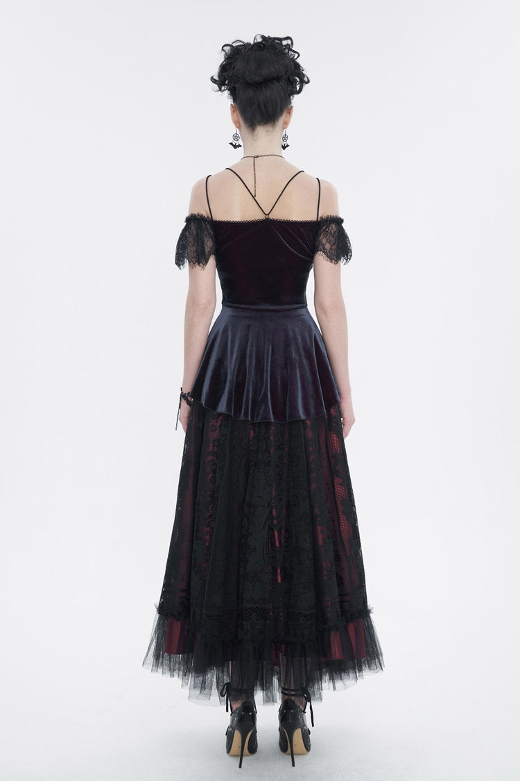 Red Stretch Velvet Eyelash Lace Short-Sleeved One-Shoulder Women's Gothic Strap T-Shirt - Product - 6