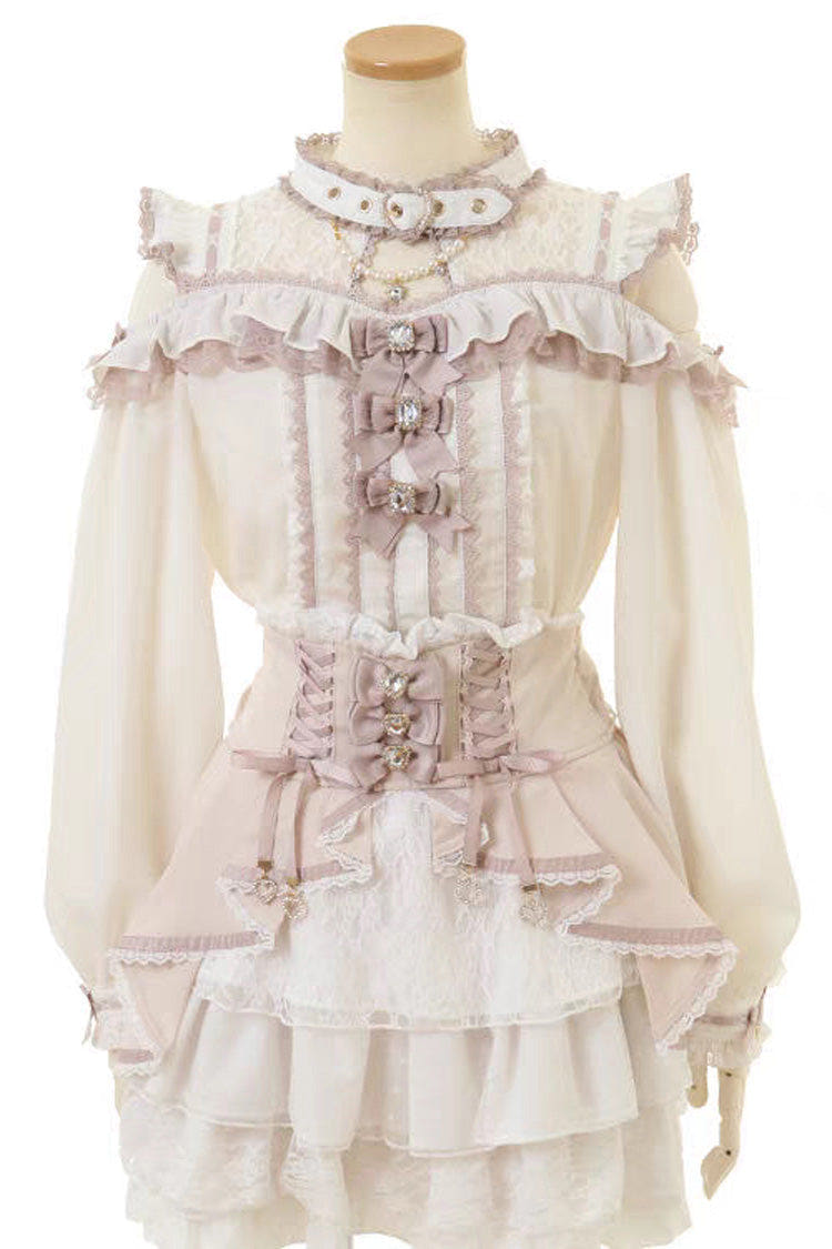 Sweet Jirai Kei Choker Neck Off Shoulder Bowknot Lace Japanese Blouse 3 Colors - Pink/White - 1
