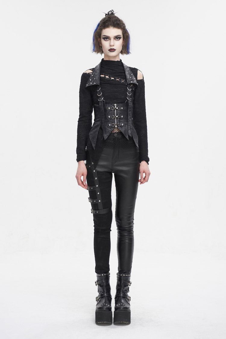 Black Irregular Lace Up Women's Gothic Vest With Detachable Collar - Product - 4
