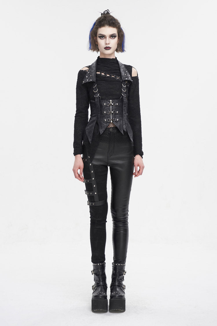 Black Irregular Lace Up Women's Gothic Vest With Detachable Collar - Product - 4