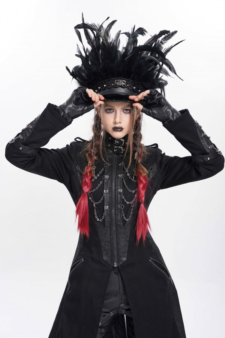 Black Women's Punk Cool Skull Plumed Chain Hat - Black - 1